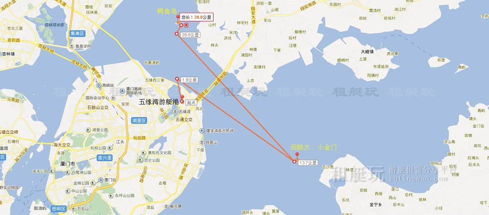 五緣灣游艇碼頭→大、小金門→鱷魚島→五緣灣游艇碼頭
